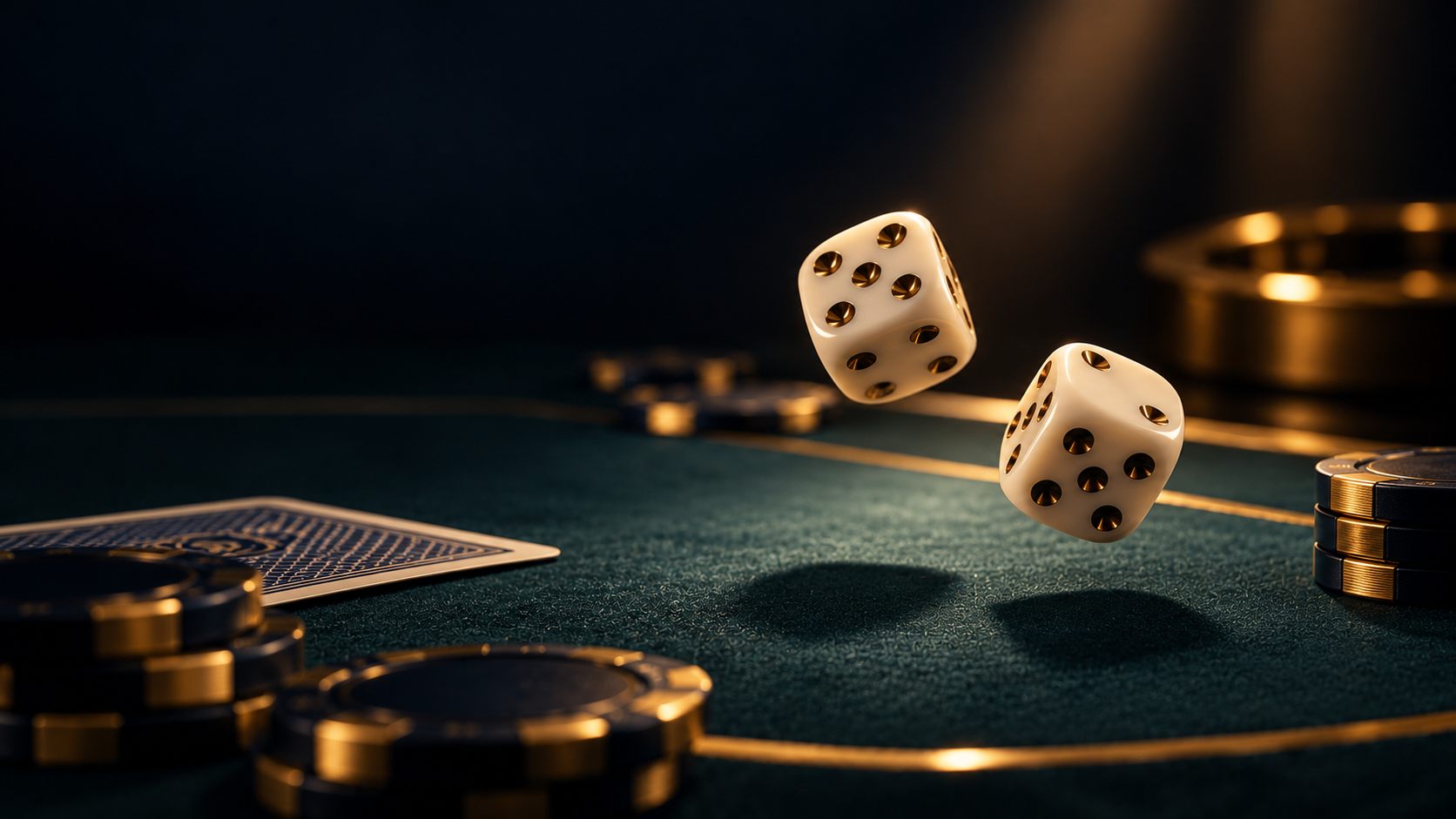 Chips and dice on a softly lit casino table