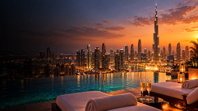 A rooftop pool overlooking the Dubai skyline and Burj Khalifa at sunset