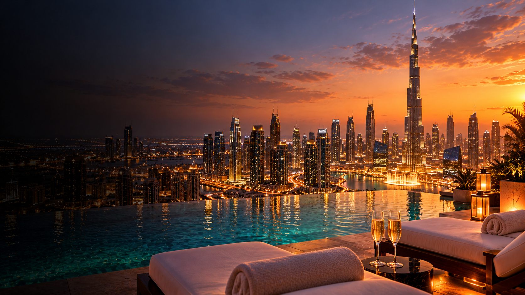 A rooftop pool overlooking the Dubai skyline and Burj Khalifa at sunset