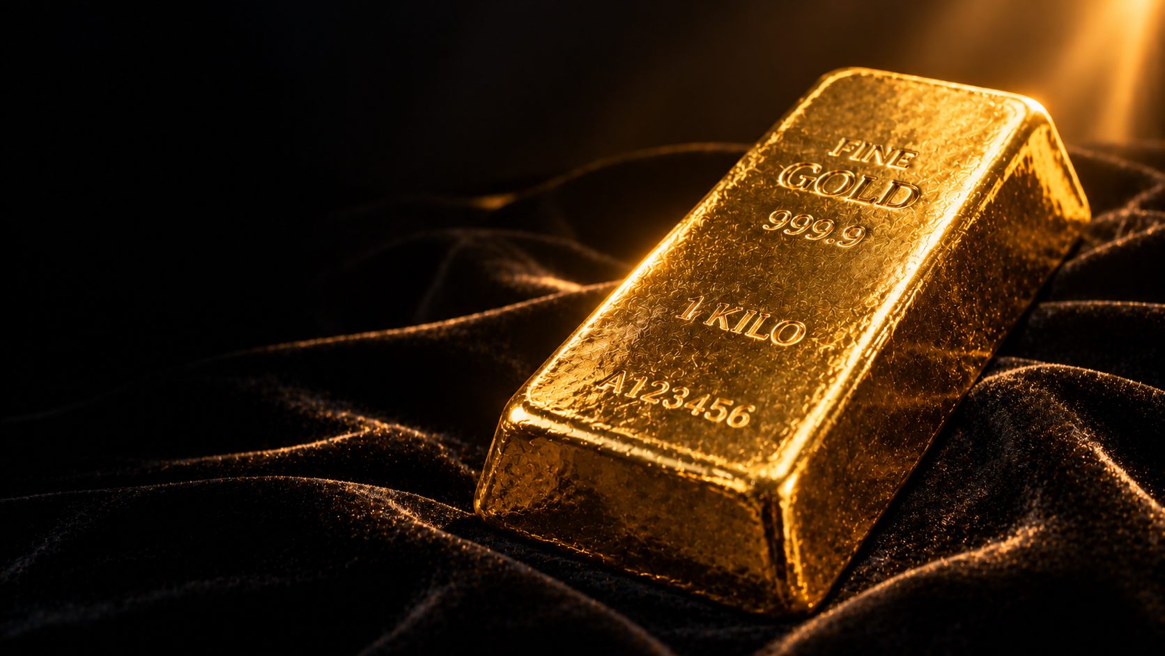 A 1 kg fine gold bar stamped 999.9 on black velvet