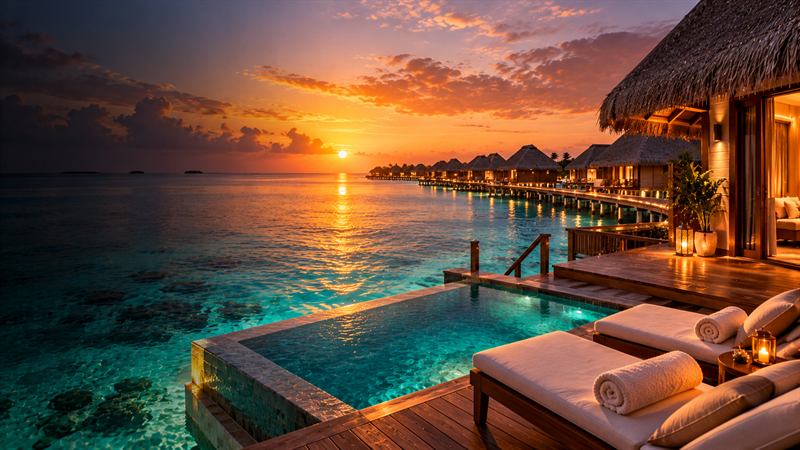 An overwater villa with a plunge pool in the Maldives at sunset