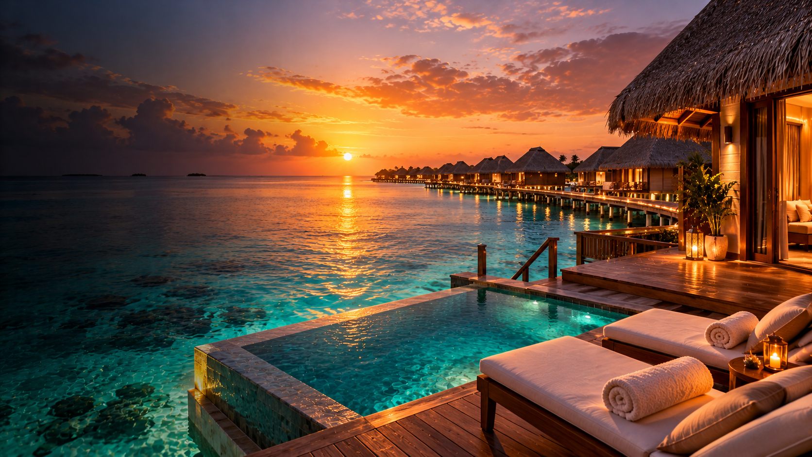 An overwater villa with a plunge pool in the Maldives at sunset