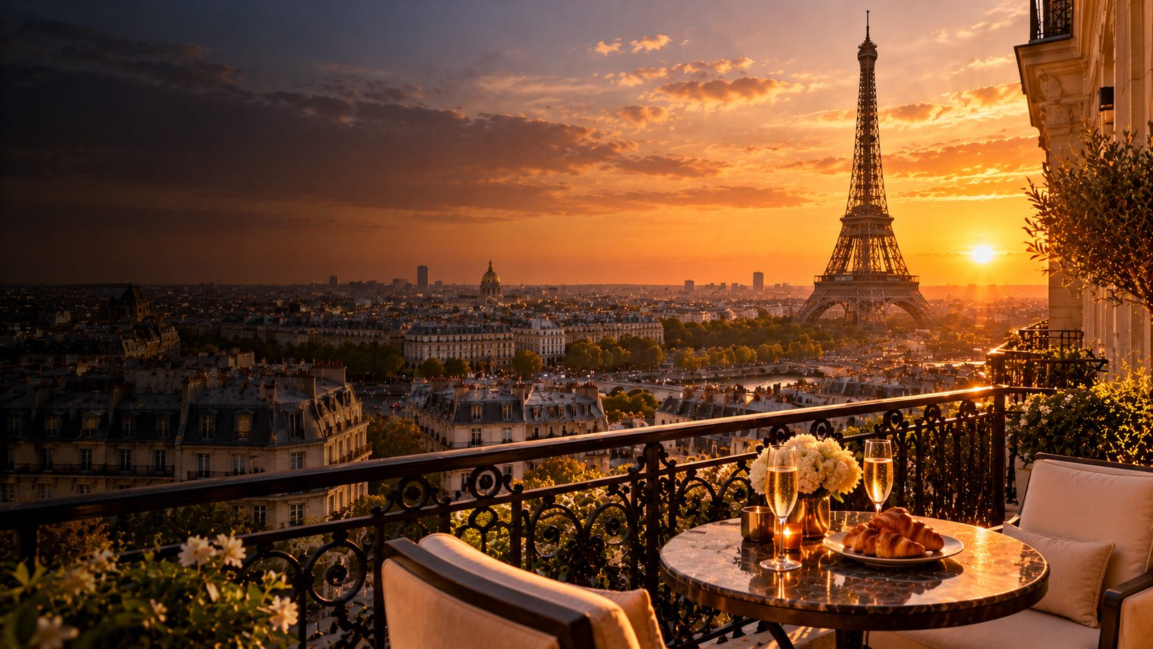 A Paris balcony set for two, facing the Eiffel Tower at sunset