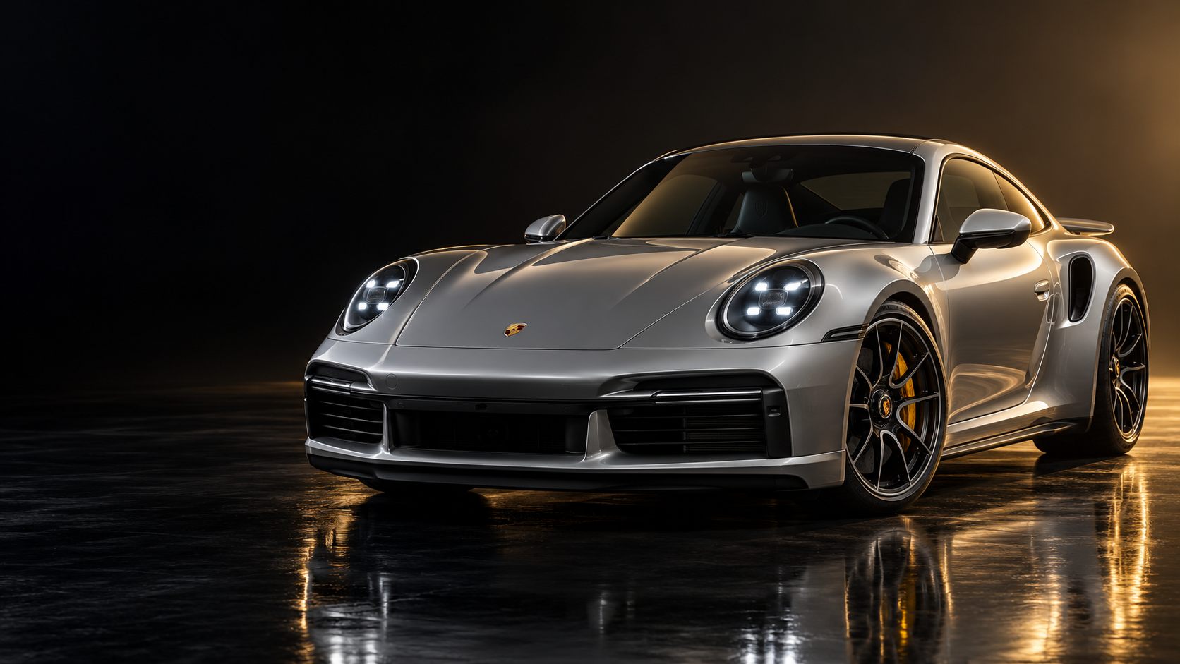 A silver Porsche 911 Turbo S under warm studio light