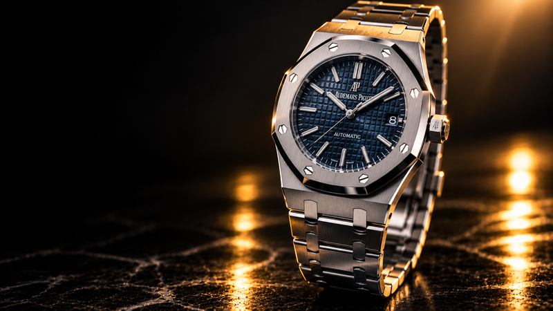 An Audemars Piguet Royal Oak in steel with a blue dial