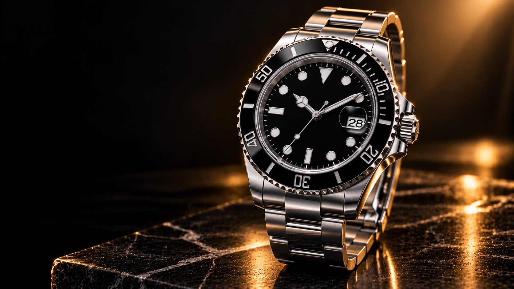 A Rolex Submariner Date in steel with a black dial