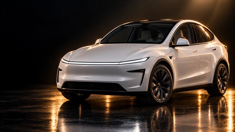 A white Tesla Model Y under warm studio light