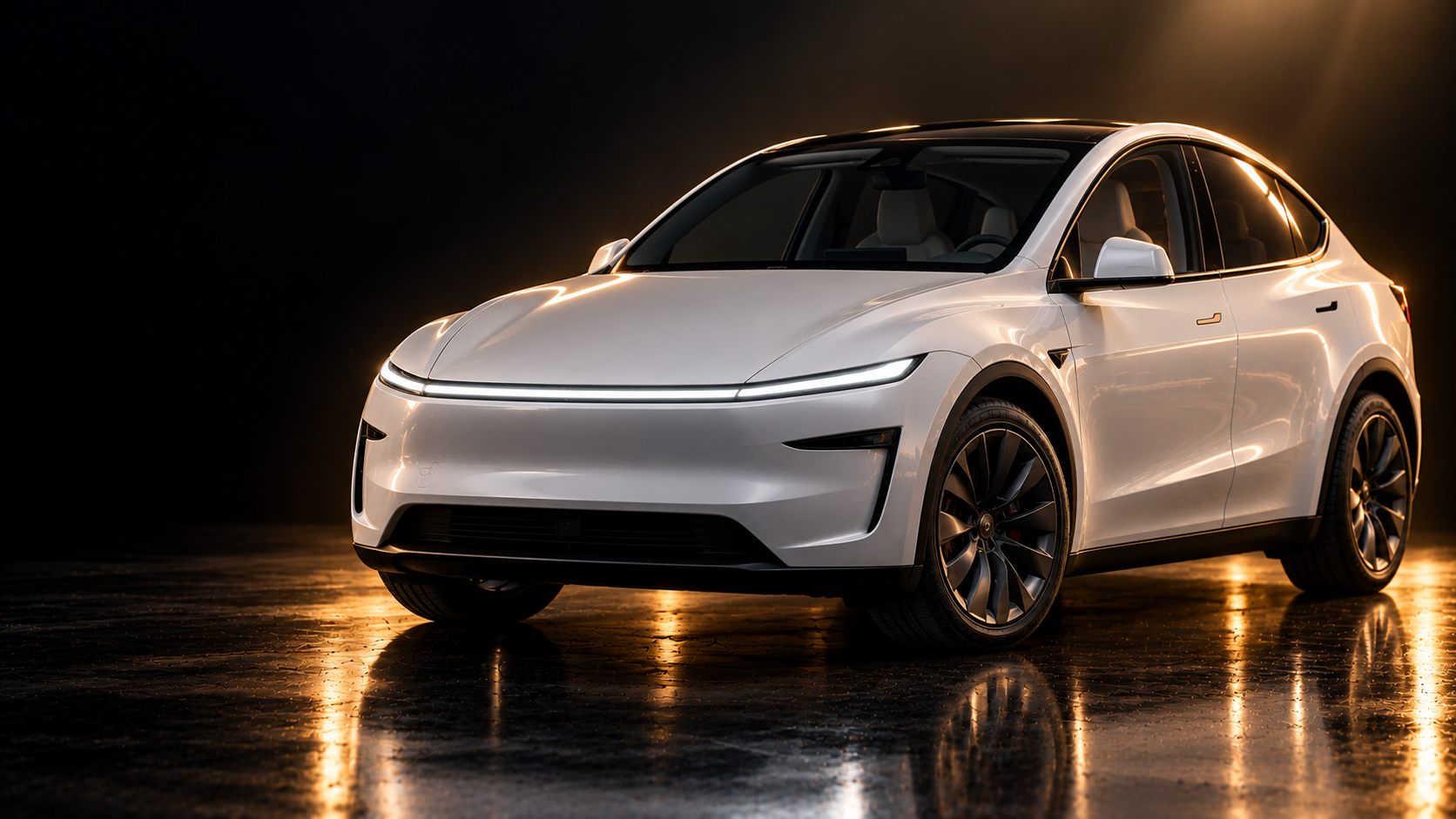 A white Tesla Model Y under warm studio light
